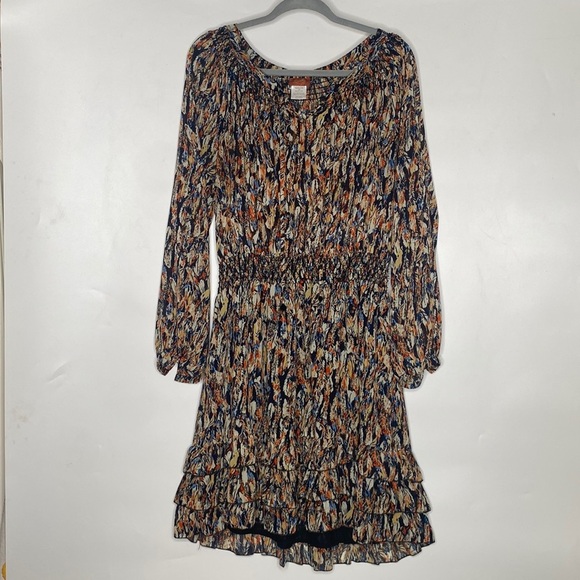 Scully Women's Multicolored Feather Print Sheer Mini Dress Ruffle Trim size XL - Picture 2 of 11